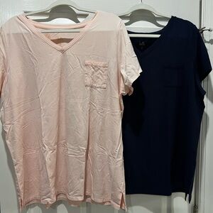 Casual V-Neck Short Sleeve Tees - Light Pink and Navy